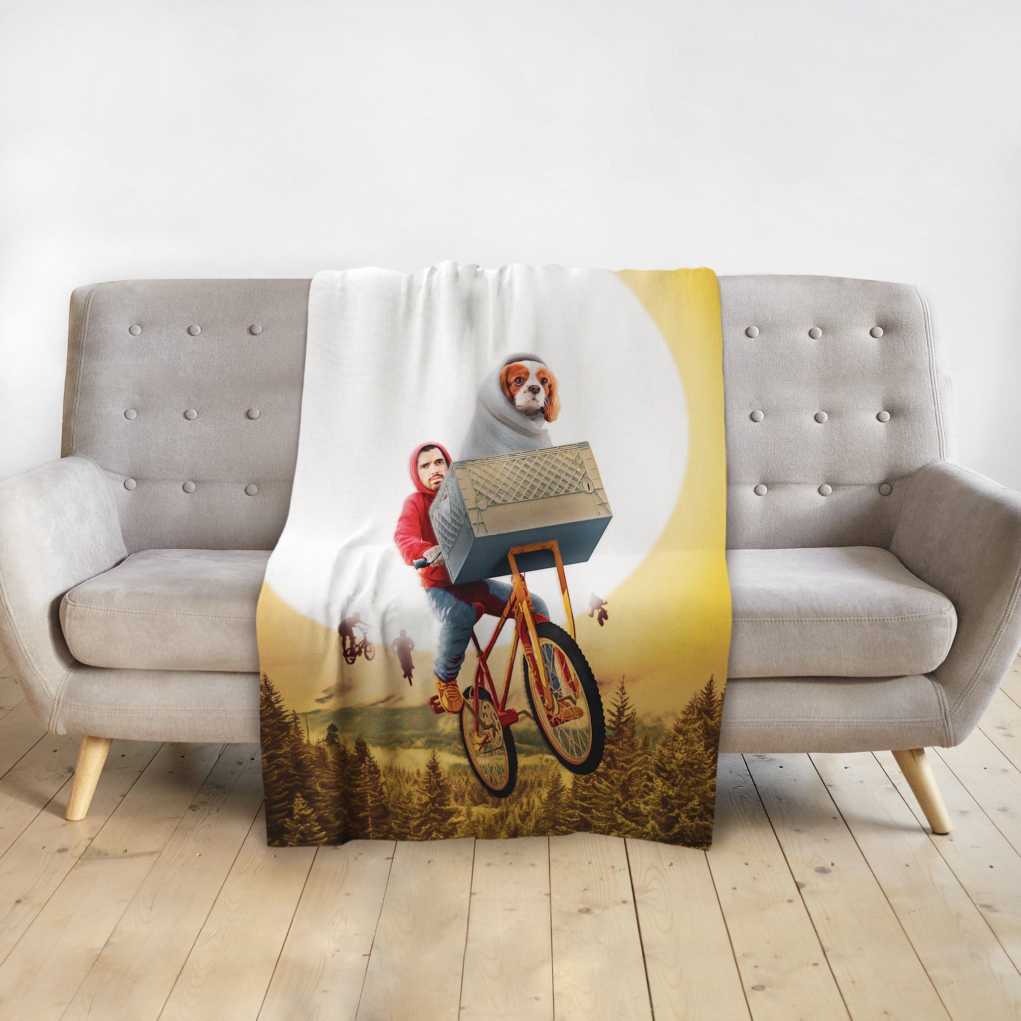 Personalized 'Doggo-Terrestrial' blanket featuring a dog in a bicycle basket with a person, flying against a moonlit sky.