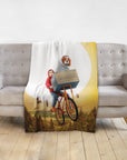 Personalized 'Doggo-Terrestrial' blanket featuring a dog in a bicycle basket with a person, flying against a moonlit sky.