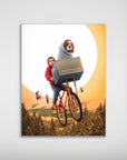 Personalized "Doggo-Terrestrial" poster featuring a human and dog on a flying bicycle against a sunset.