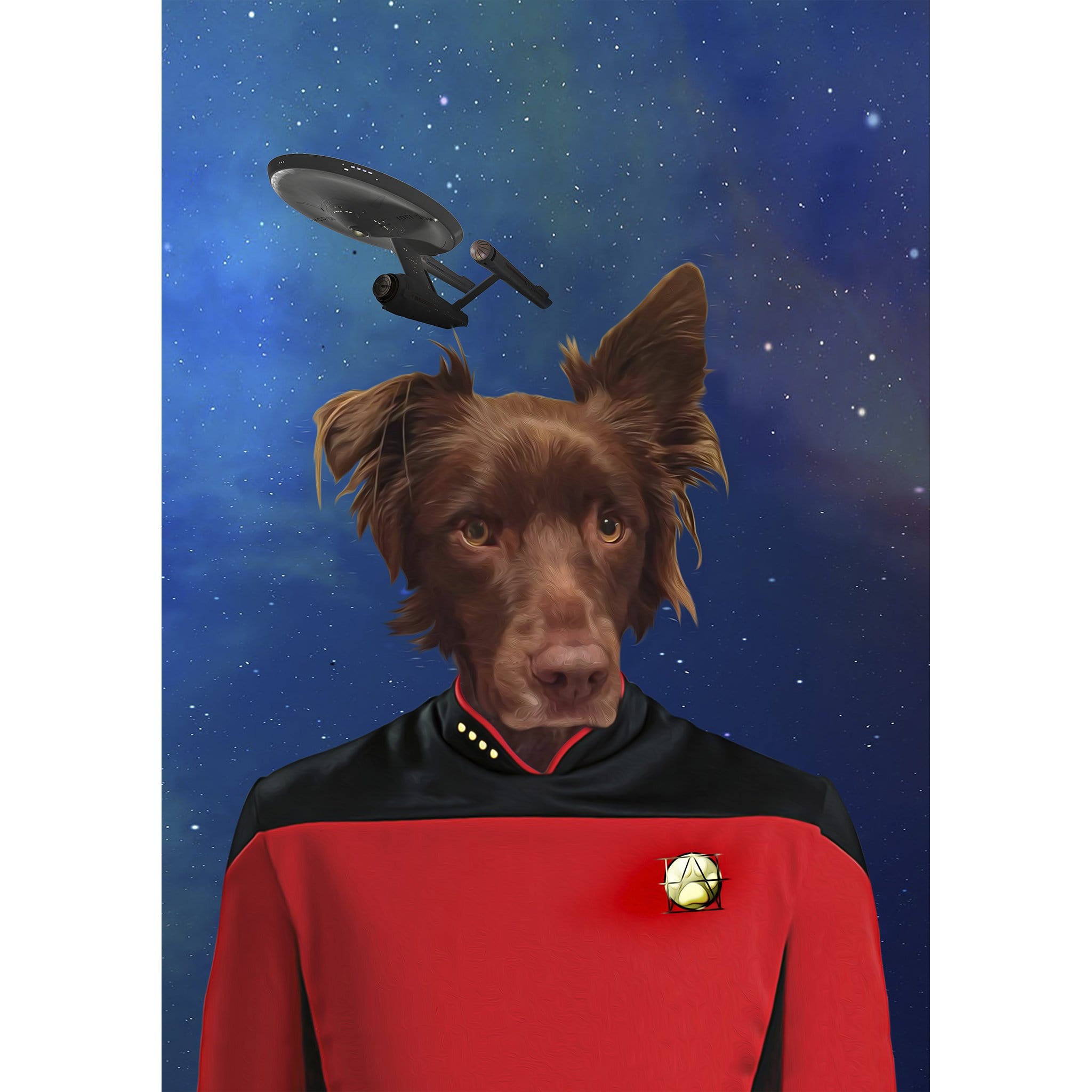 Custom digital portrait of a brown dog in a red Star Trek uniform with a spaceship in a starry sky.