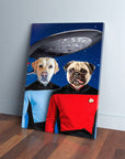 Custom pet canvas featuring a yellow lab and a pug in Star Trek uniforms with a spaceship in a starry sky.