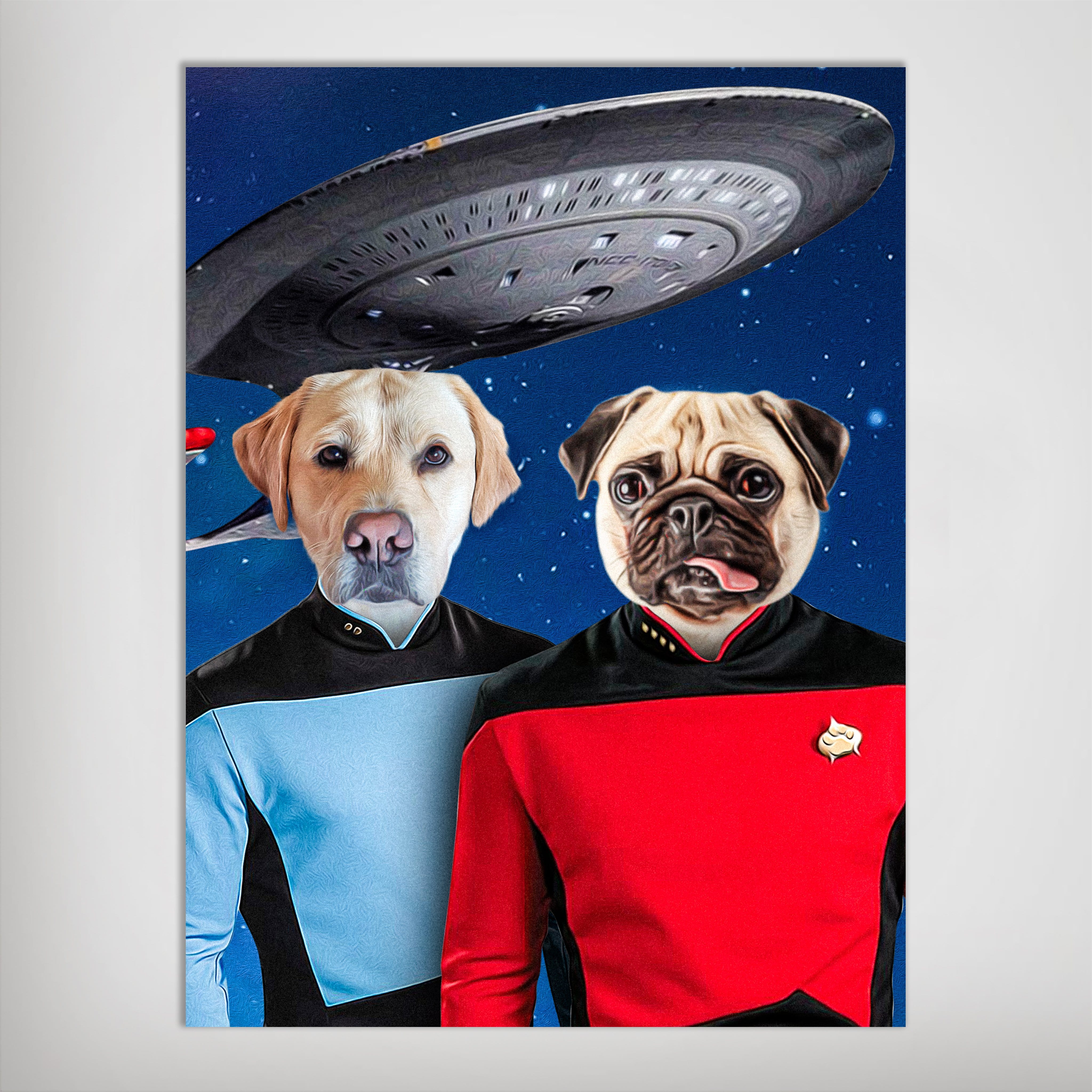 Custom 'Doggo-Trek' poster featuring a yellow lab and pug in sci-fi uniforms under a spaceship.