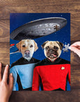 Personalized 2-pet puzzle featuring a yellow lab and pug in Star Trek uniforms with a spaceship.