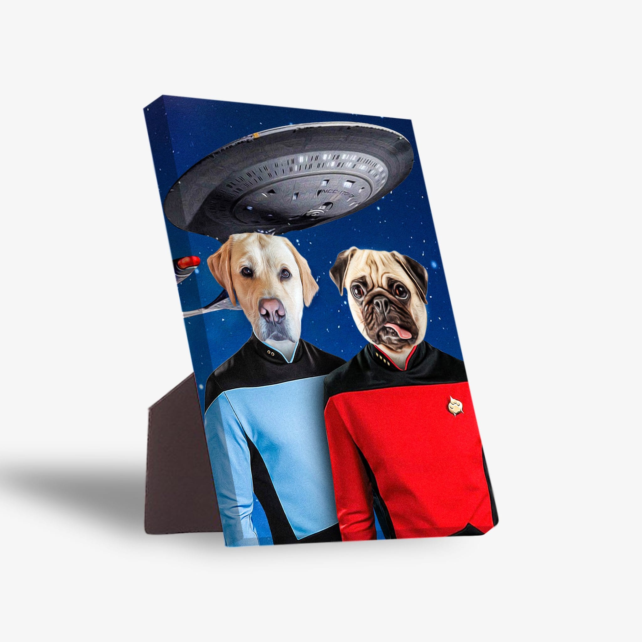 Personalized 'Doggo-Trek' standing canvas featuring a Labrador and Pug in Star Trek uniforms under a spaceship.