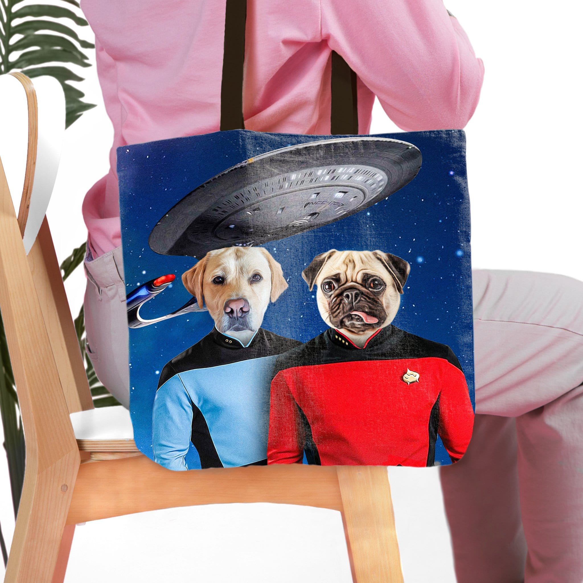 Personalized 'Doggo-Trek' 2-pet tote bag with custom dog portraits in Star Trek uniforms.