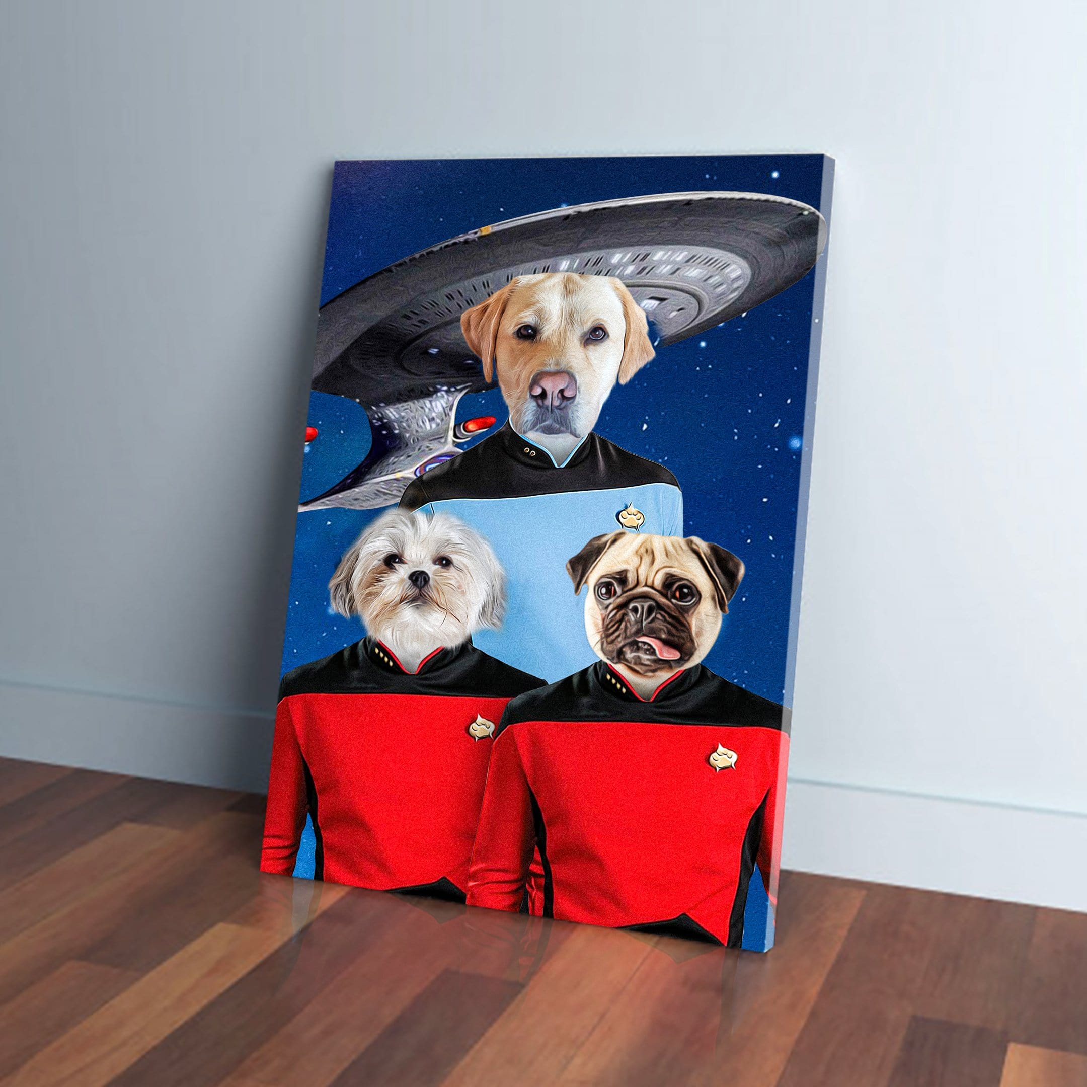 Personalized 'Doggo-Trek' canvas featuring three pets as Starfleet officers, with a spaceship in the background.