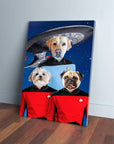 Personalized 'Doggo-Trek' canvas featuring three pets as Starfleet officers, with a spaceship in the background.