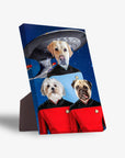 Personalized 'Doggo-Trek' standing canvas featuring three pets in Star Trek uniforms with a spaceship background.