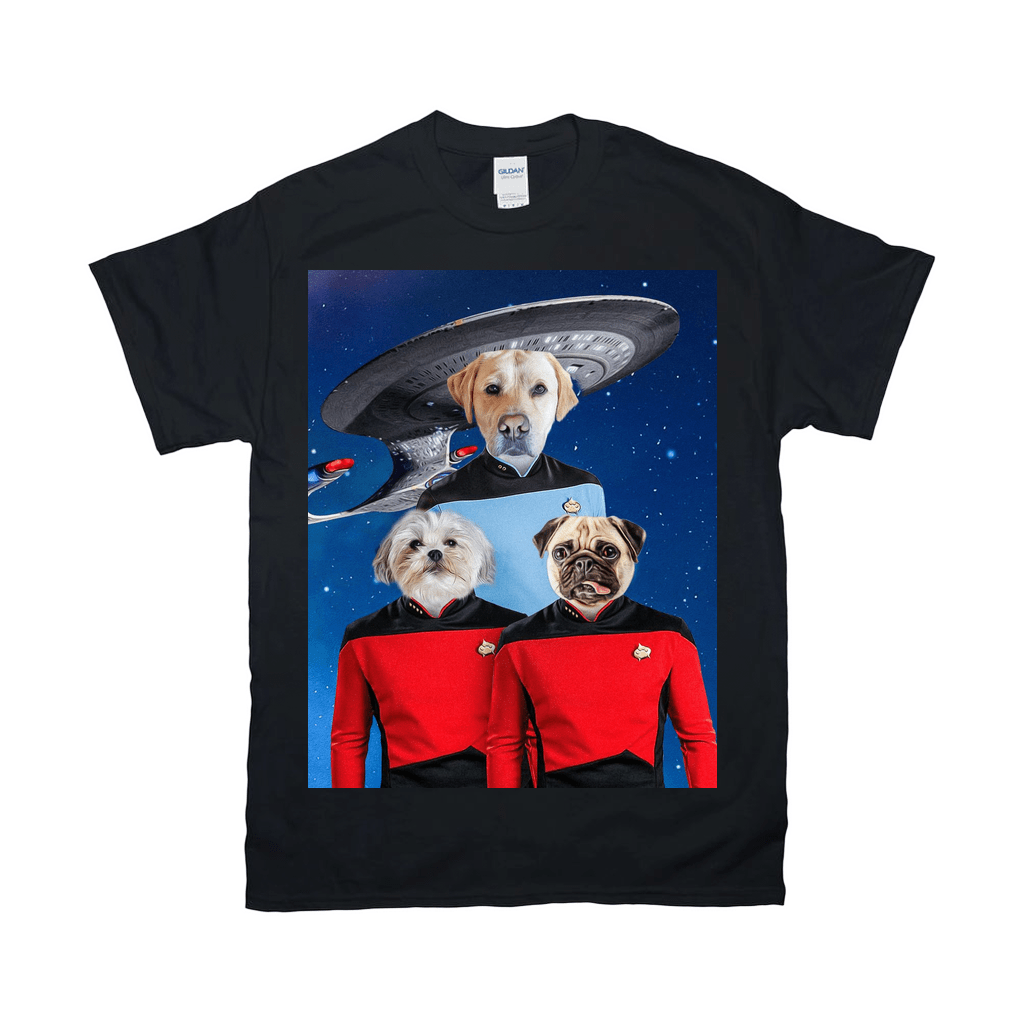 Black Gildan t-shirt with a personalized Star Trek-themed design featuring three pets.