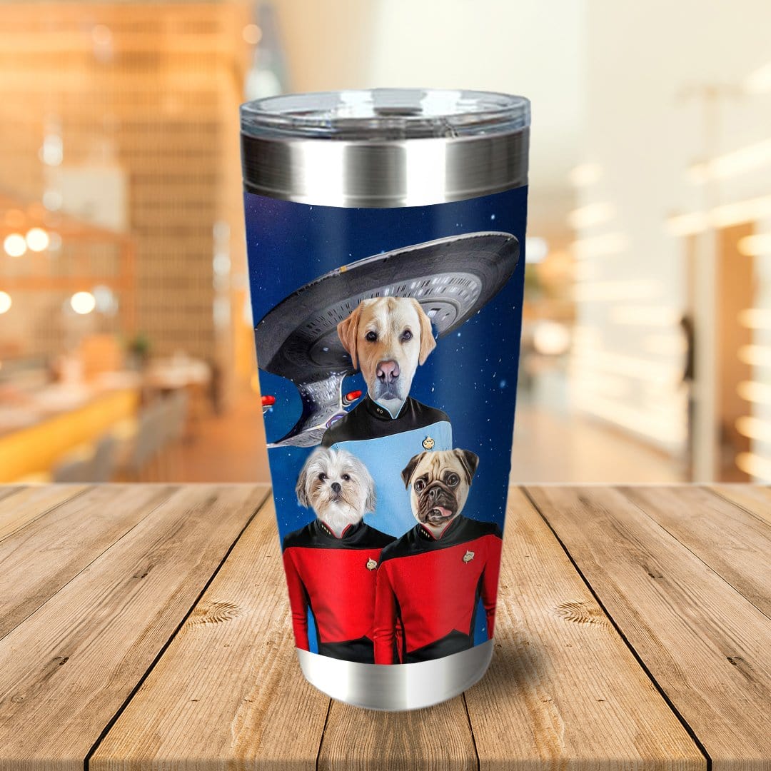 Personalized stainless steel tumbler with three dogs in Star Trek uniforms against a space background.