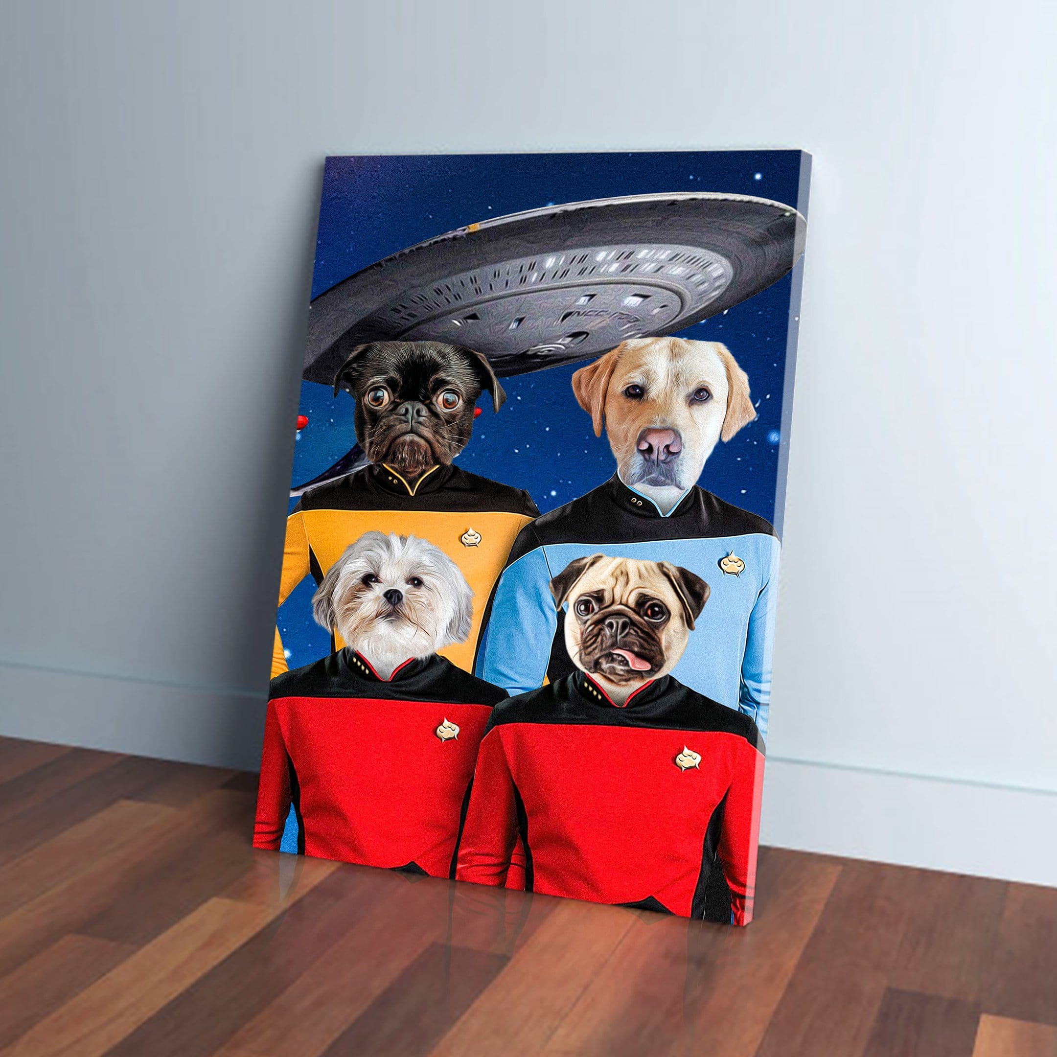 Personalized 'Doggo-Trek' canvas featuring four pets in Starfleet uniforms with a spaceship.