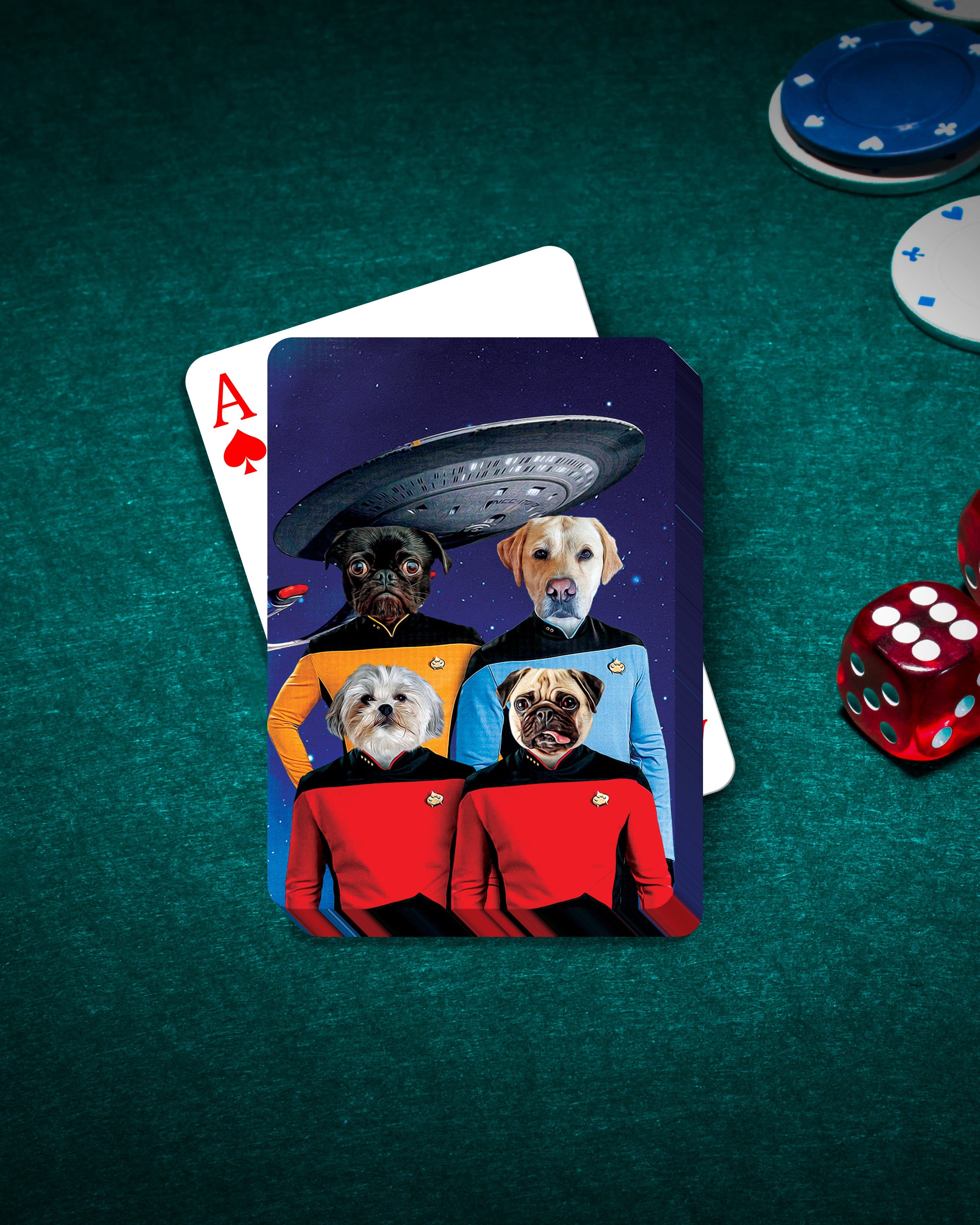 Custom personalized playing cards featuring four pets in Star Trek uniforms with a UFO.