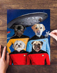Personalized Doggo-Trek puzzle featuring four custom pet portraits in Star Trek uniforms with a spaceship.