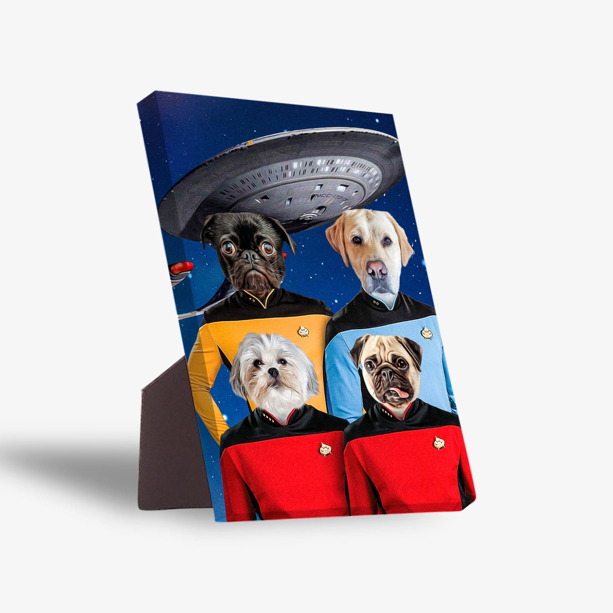 Personalized standing canvas featuring four pets in Star Trek uniforms with a spaceship background.