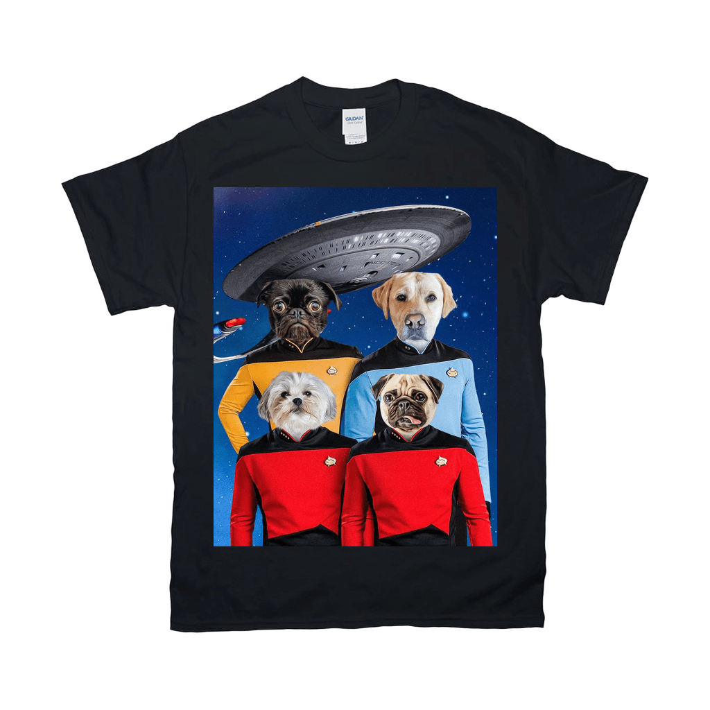 Black Gildan t-shirt with four pets in Star Trek uniforms under a UFO in space.