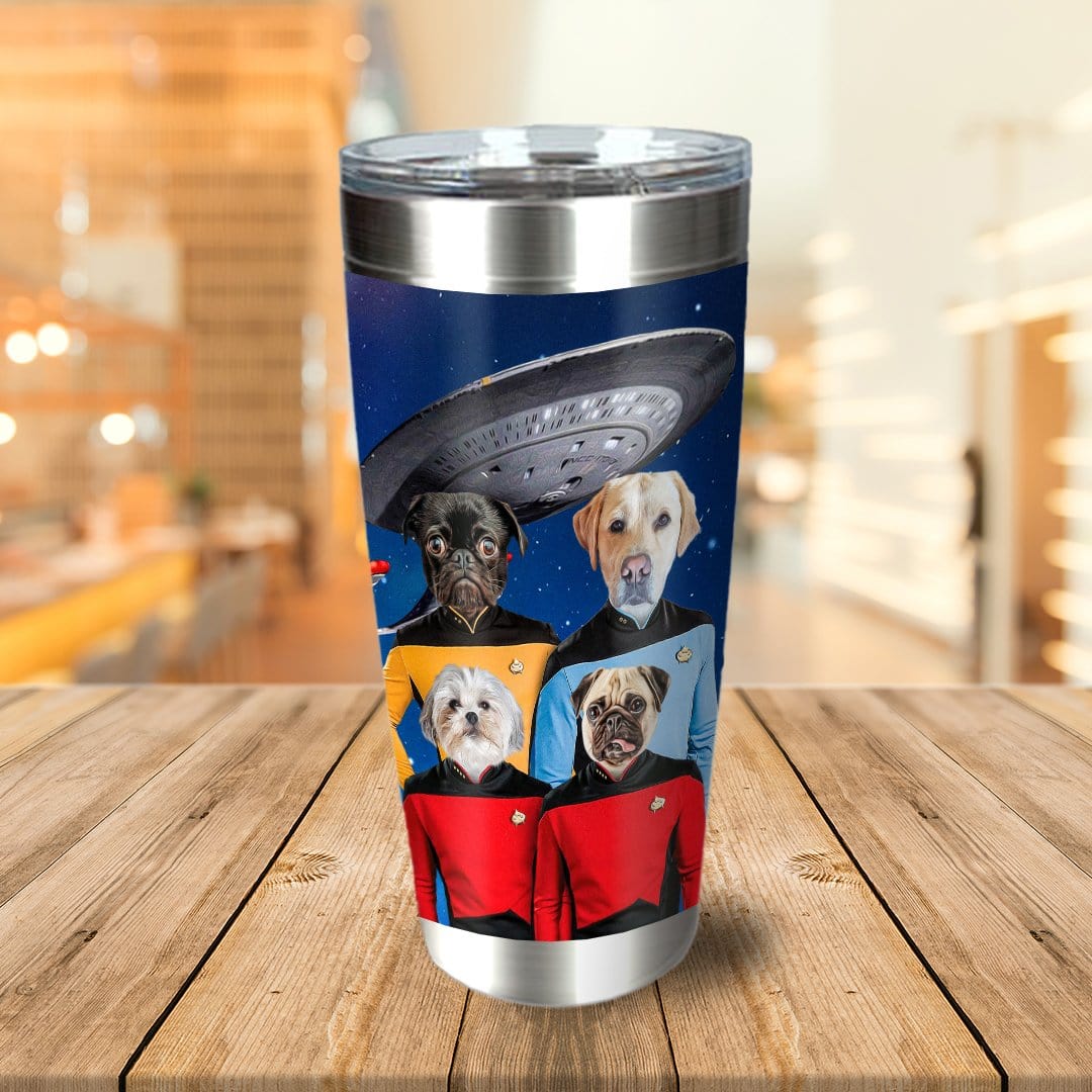 Personalized stainless steel tumbler with four dogs in Star Trek uniforms under a UFO.
