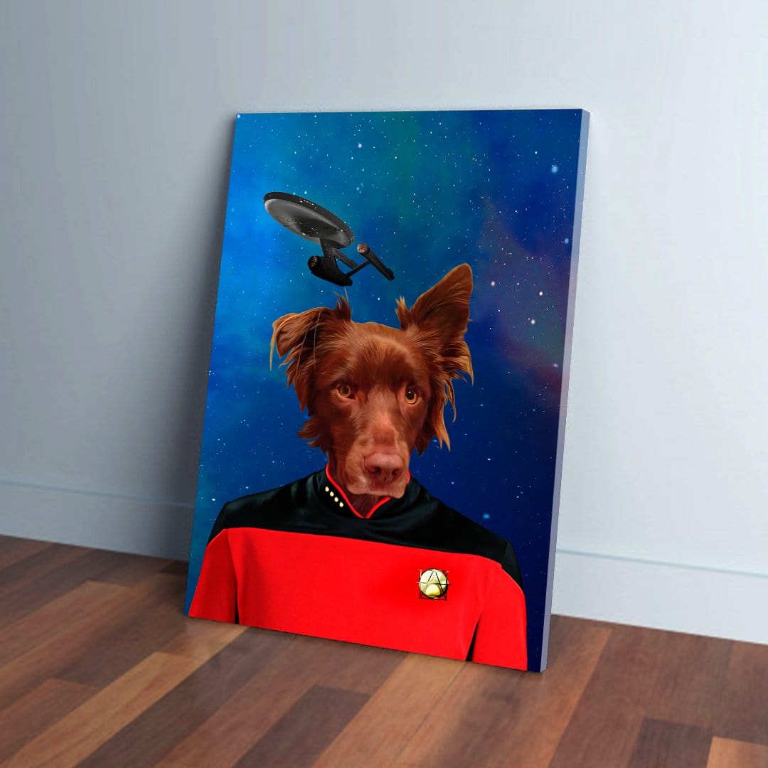 Custom Doggo-Trek canvas featuring a brown dog in a red Star Trek uniform against a starry blue galaxy.
