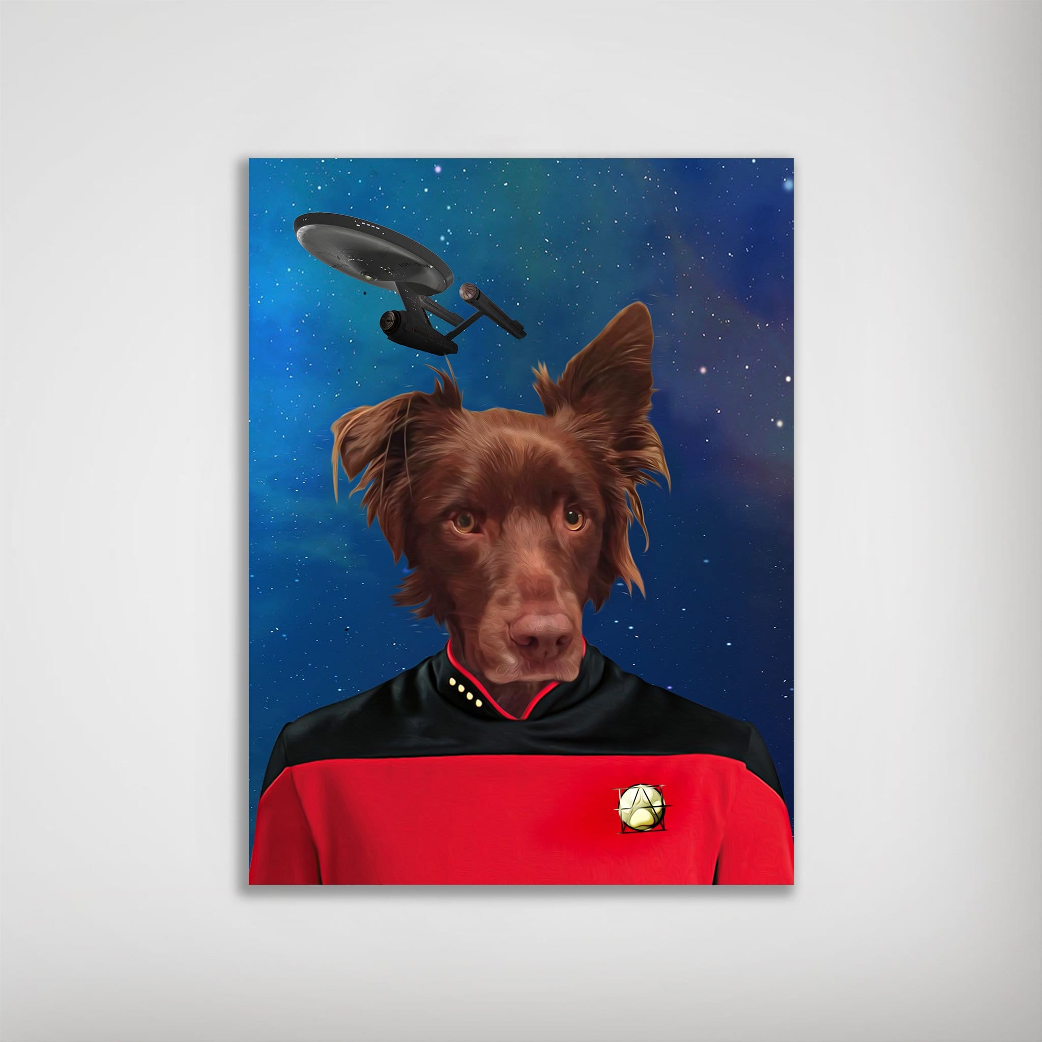 Personalized Doggo-Trek poster featuring a brown dog in a red Starfleet uniform against a starry blue galaxy.