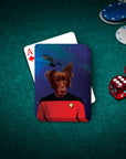 Personalized Doggo-Trek playing cards featuring a custom dog portrait in a sci-fi uniform on a green felt table.