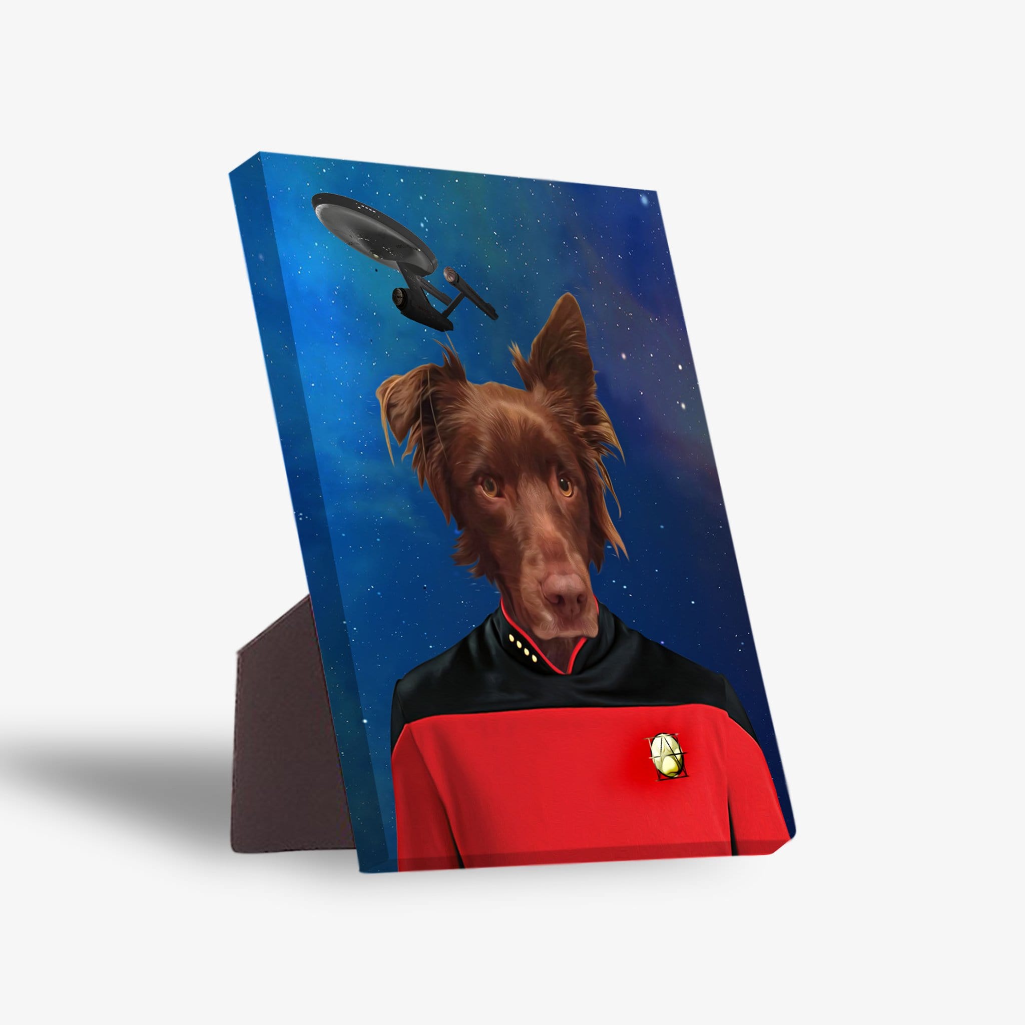 Personalized pet standing canvas featuring a brown dog in a red Star Trek uniform against a starry blue background.