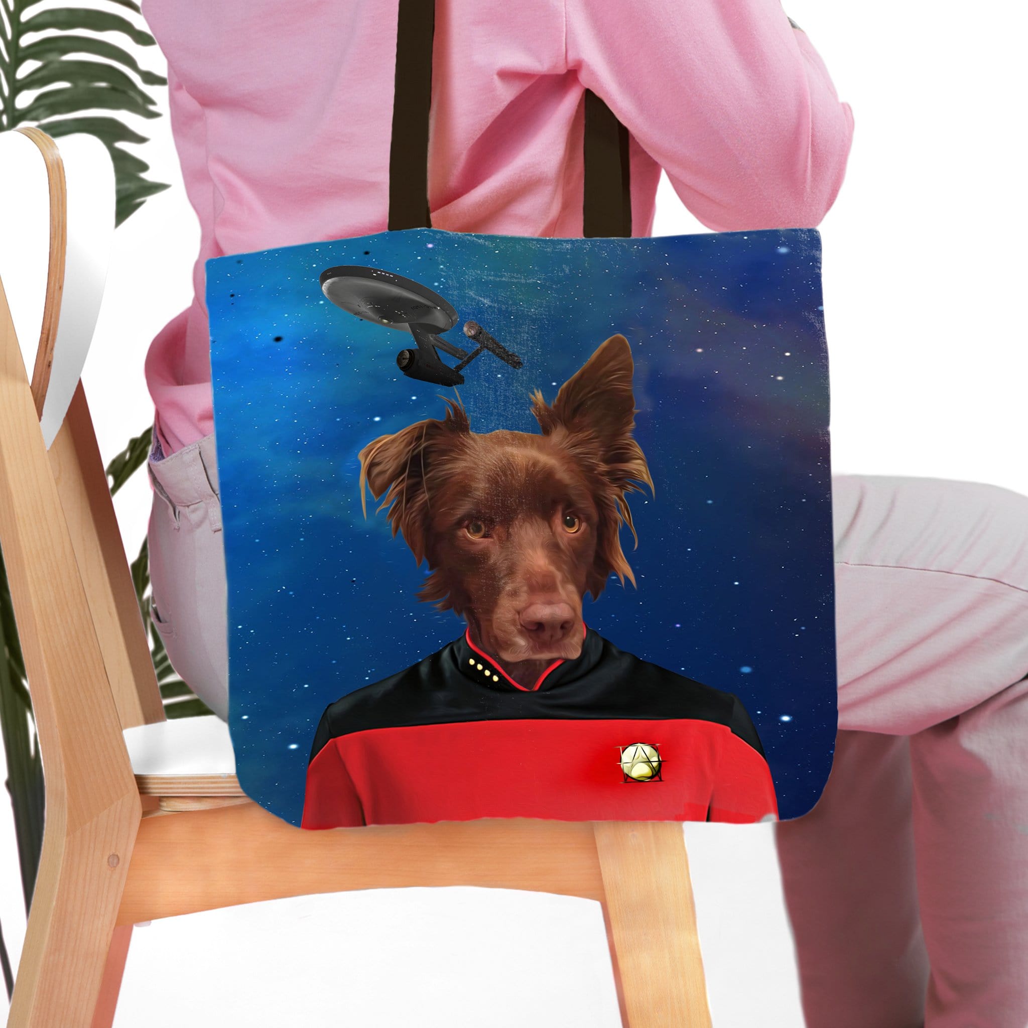 Personalized Doggo-Trek tote bag with a brown dog's portrait in a red Star Trek uniform against a starry blue background.
