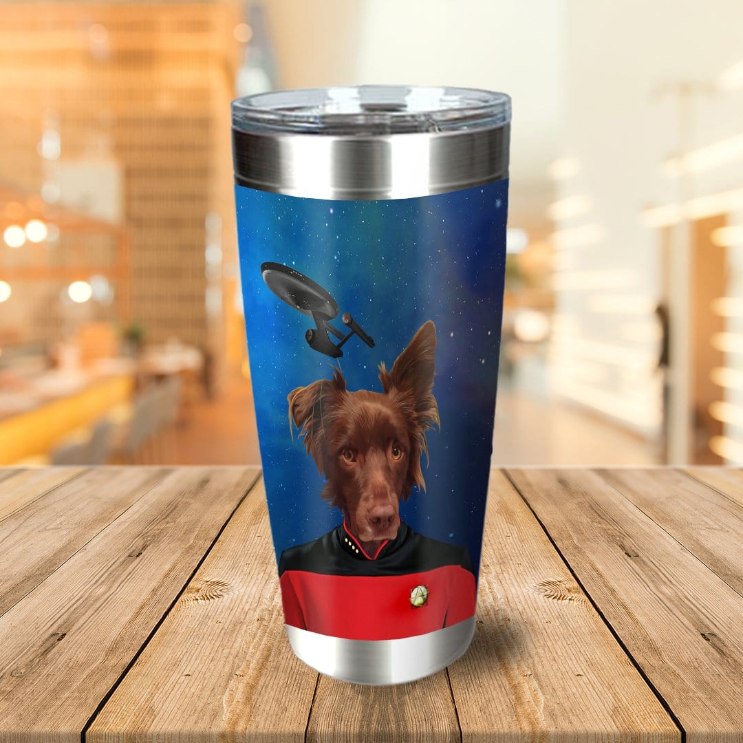 Personalized stainless steel tumbler with a dog in a Star Trek uniform against a space background.