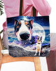 Personalized 'Doggo in Space' tote bag featuring two custom dog portraits on a starry night sky.