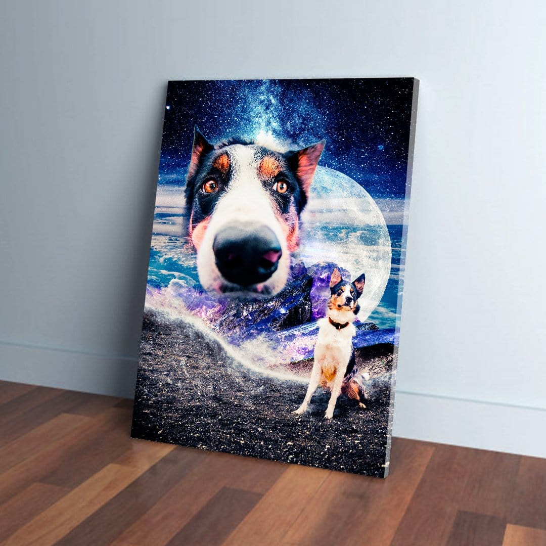Personalized 'Doggo in Space' canvas featuring a dog's head levitating over a cosmic landscape.