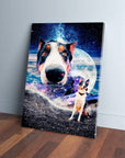 Personalized 'Doggo in Space' canvas featuring a dog's head levitating over a cosmic landscape.