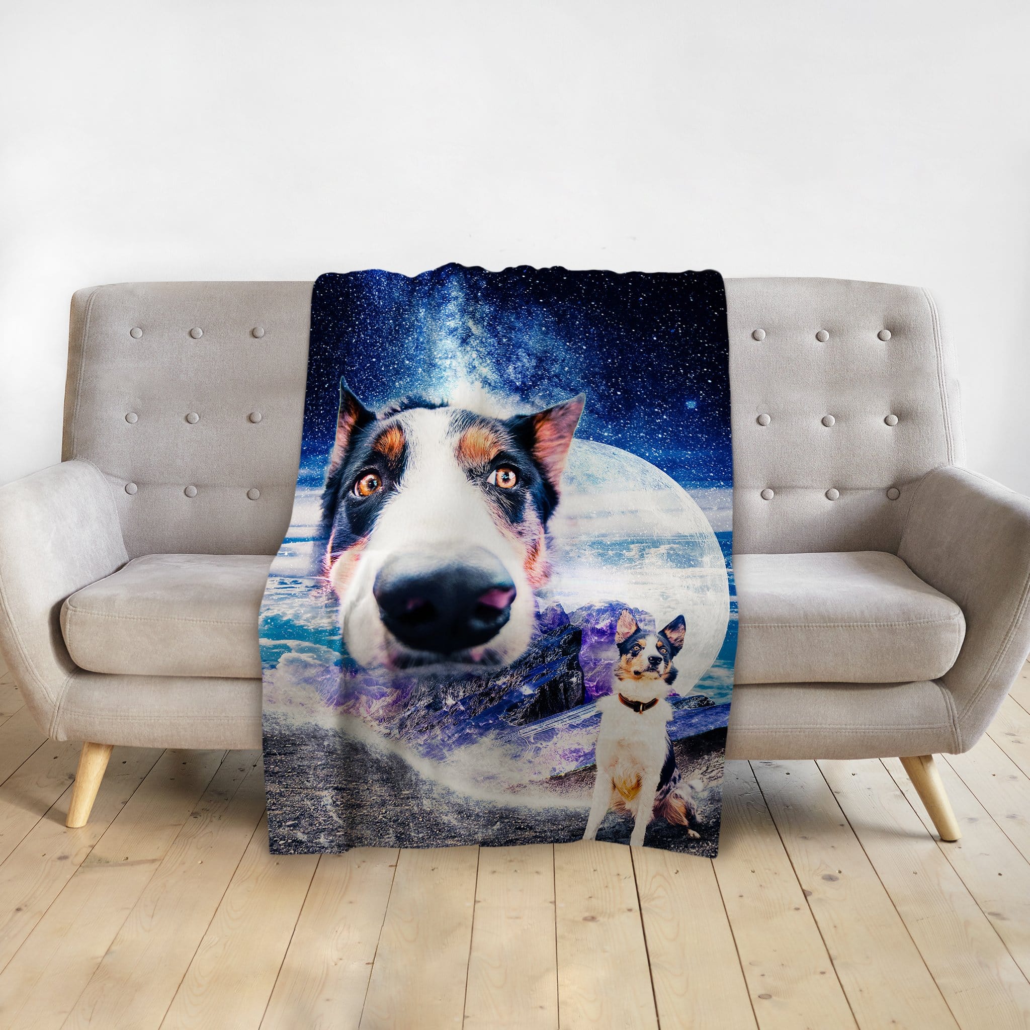 Personalized pet blanket with a Doggo in Space portrait of a dog, featuring a starry sky and moon.