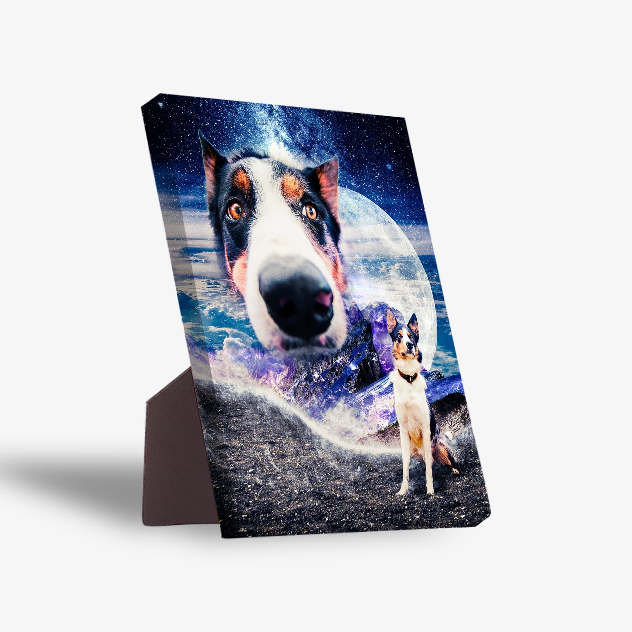 Personalized pet standing canvas featuring a dog's face in space with a full moon and mountains.