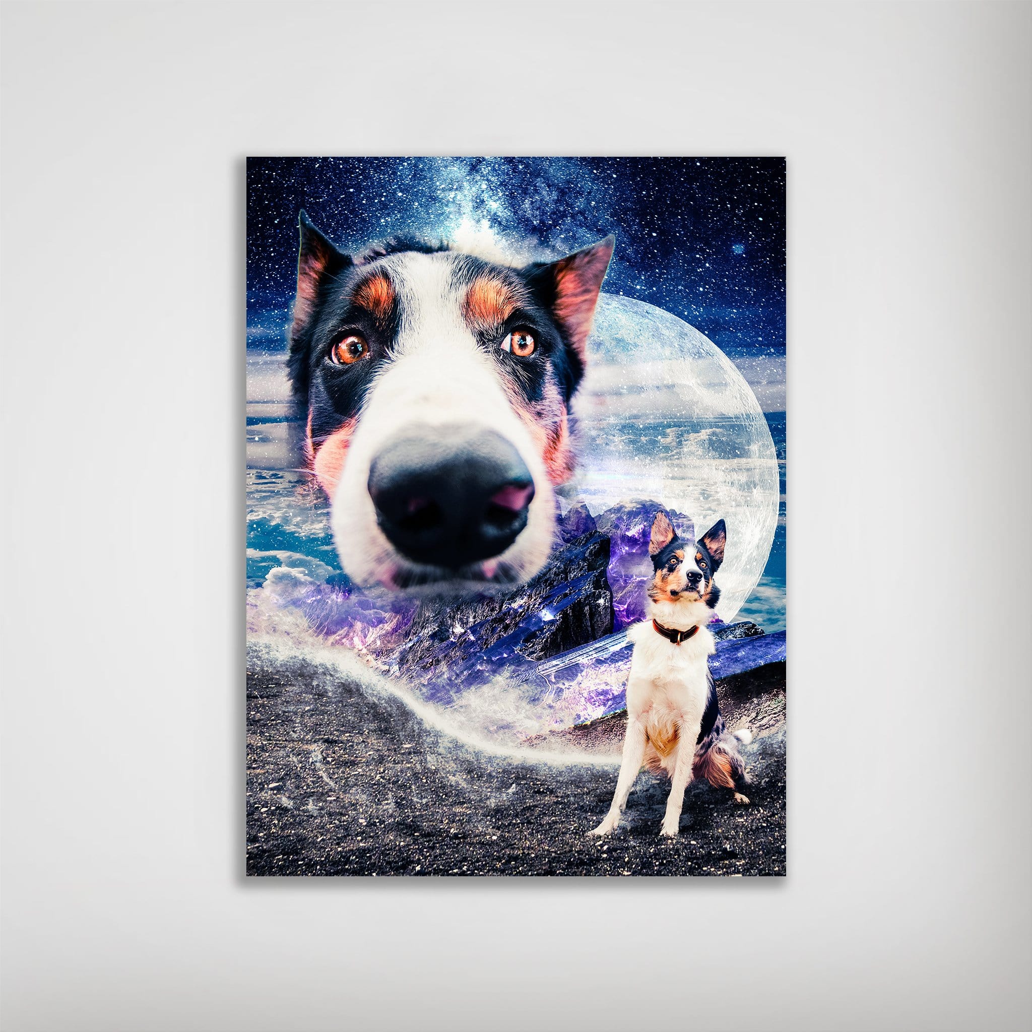 Personalized 'Doggo in Space' poster featuring a dog's head levitating over a full moon and starry sky.