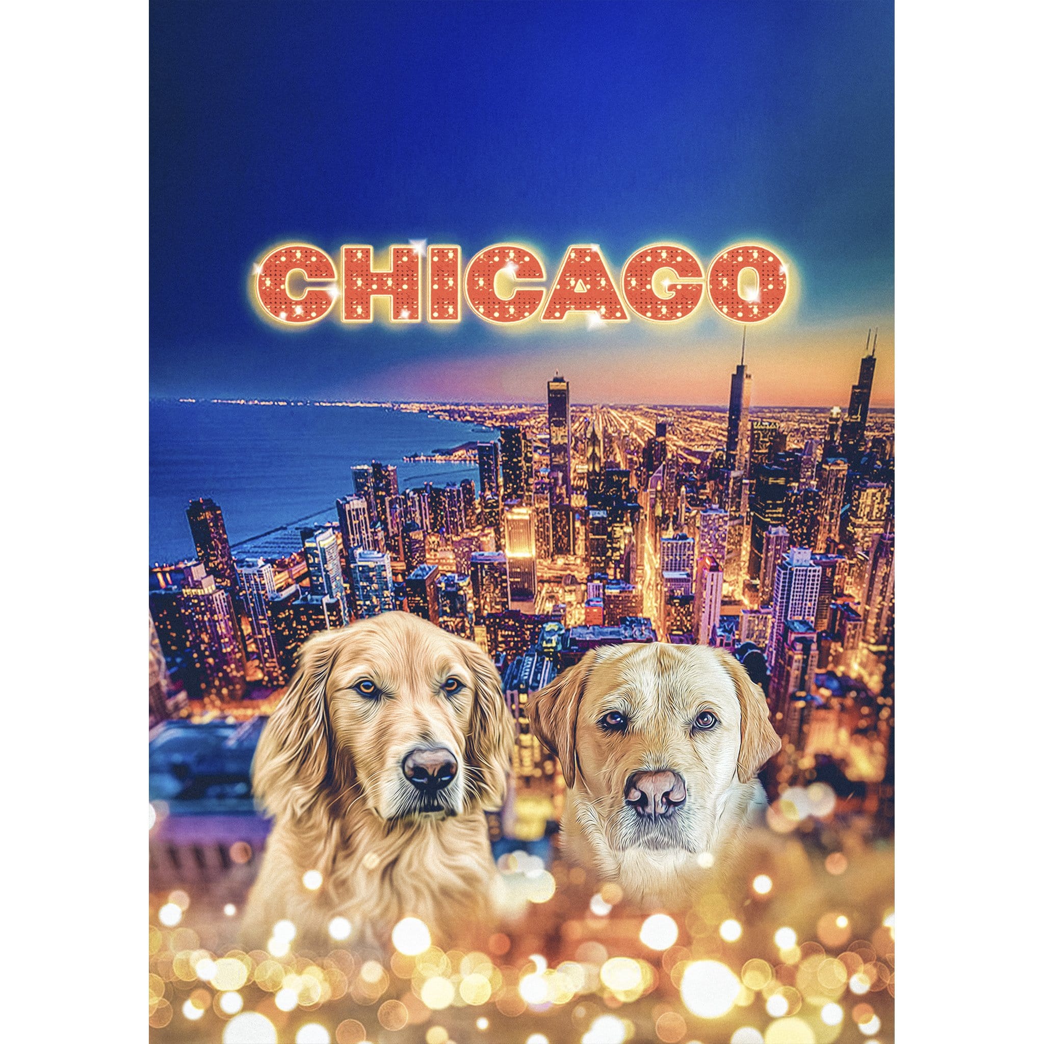 Custom digital portrait featuring two dogs over a vibrant Chicago skyline with "CHICAGO" in marquee lights.