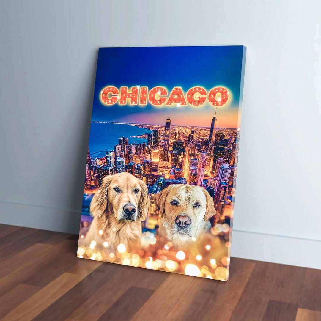 Personalized 2-pet canvas featuring two golden retrievers over a vibrant Chicago skyline at dusk.