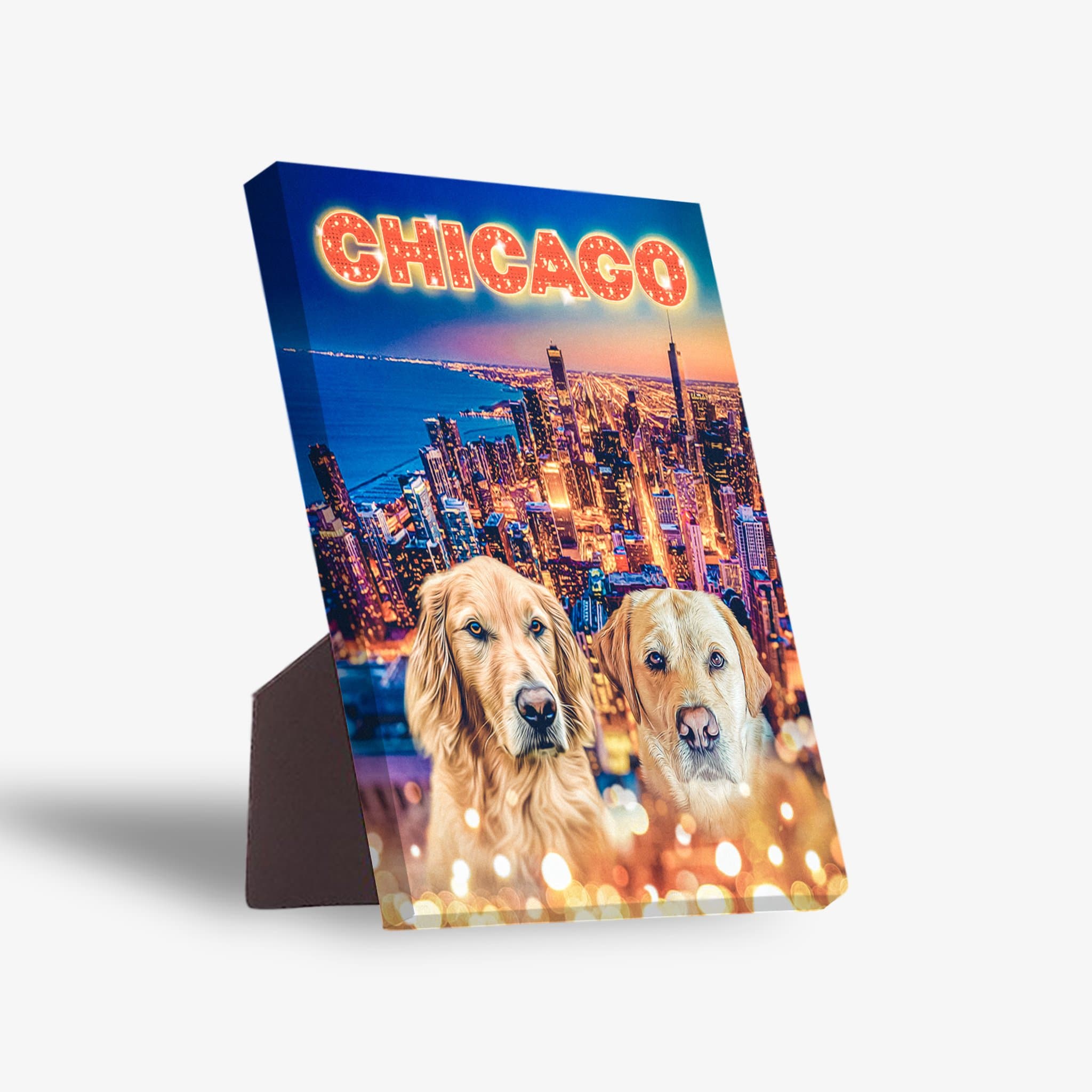 Personalized 'Doggos Of Chicago' standing canvas featuring two golden retriever pets over a vibrant city skyline.