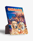Personalized 'Doggos Of Chicago' standing canvas featuring two golden retriever pets over a vibrant city skyline.