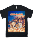 Black Gildan t-shirt with two golden retrievers in front of a Chicago skyline at night, "CHICAGO" in marquee lights.