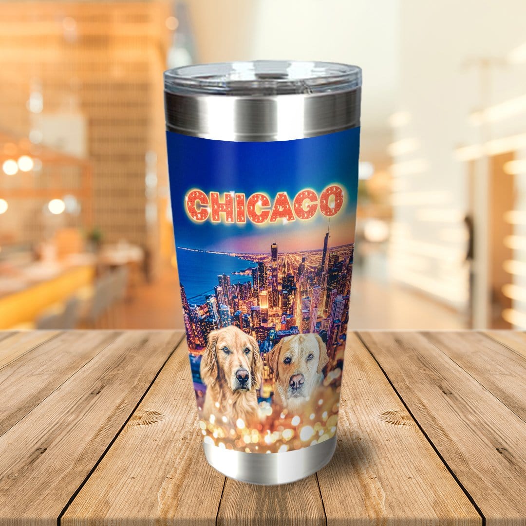 Personalized 2-pet tumbler with Chicago skyline and two golden retriever dog portraits.