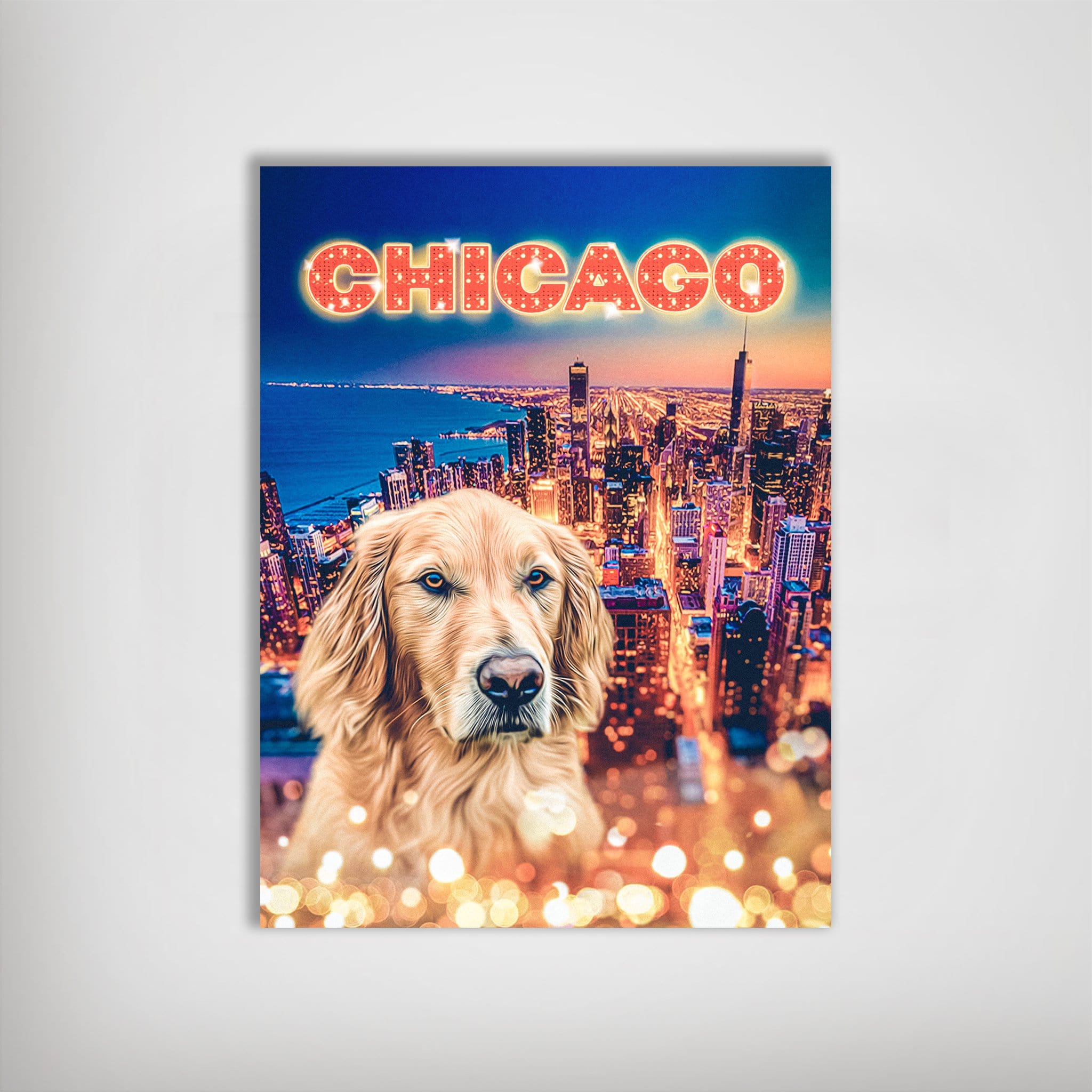 Personalized 'Doggos Of Chicago' poster featuring a golden retriever over a vibrant city skyline.