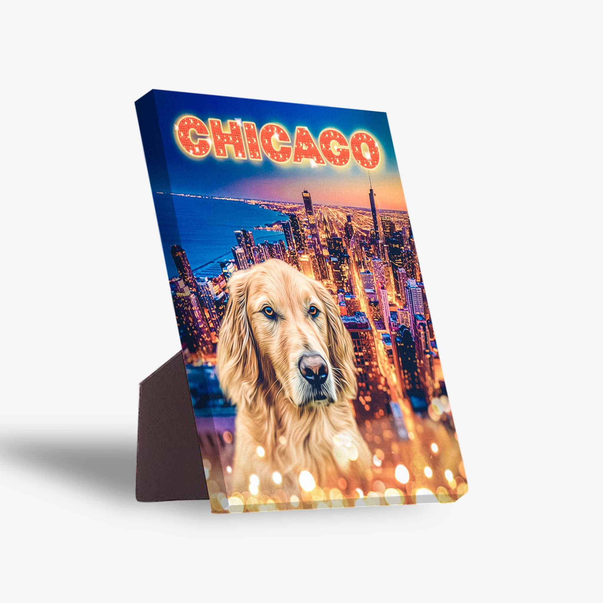 Personalized standing canvas featuring a golden retriever over a vibrant Chicago skyline at night.