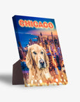 Personalized standing canvas featuring a golden retriever over a vibrant Chicago skyline at night.