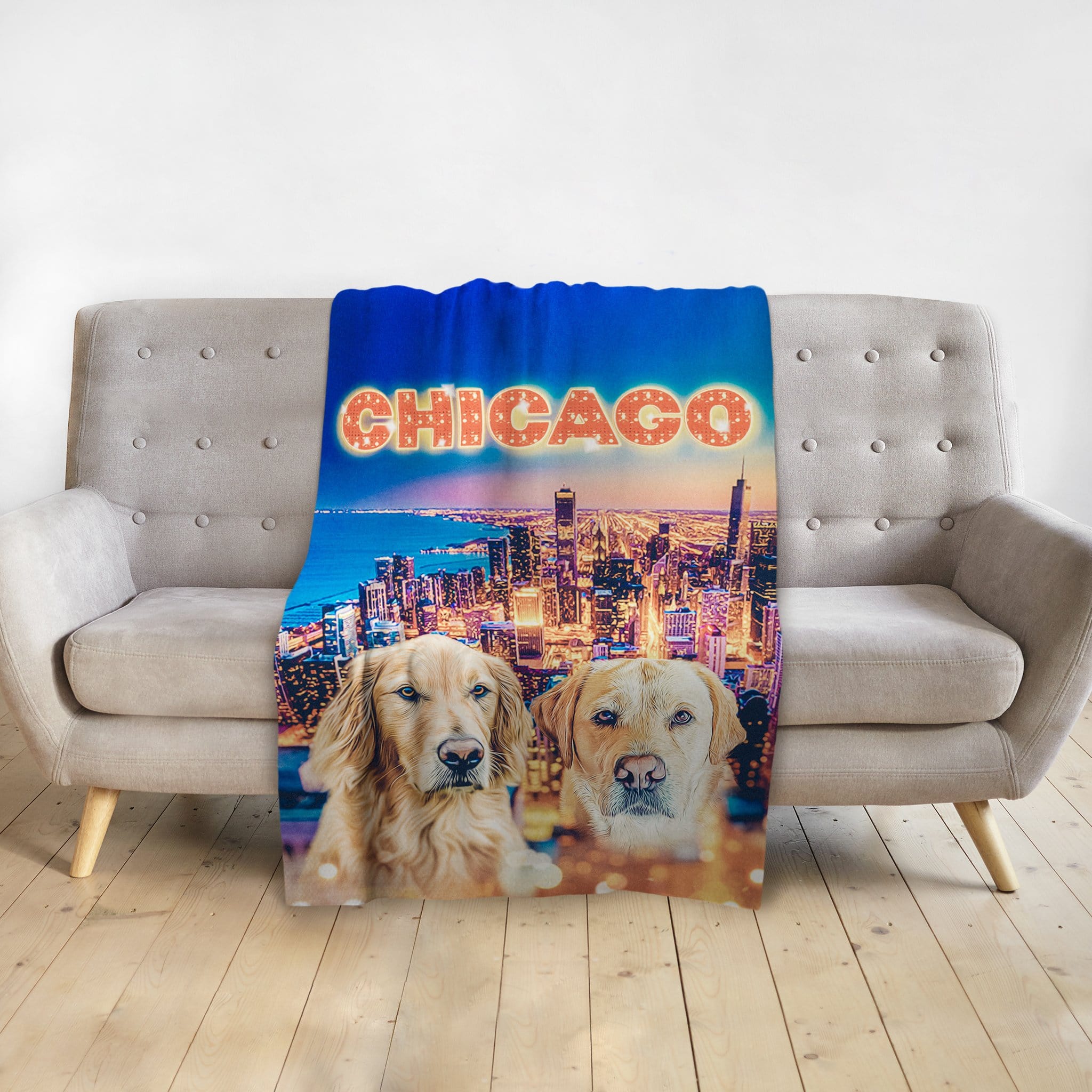 Personalized minky blanket with two golden retriever pet portraits and a vibrant Chicago cityscape design.