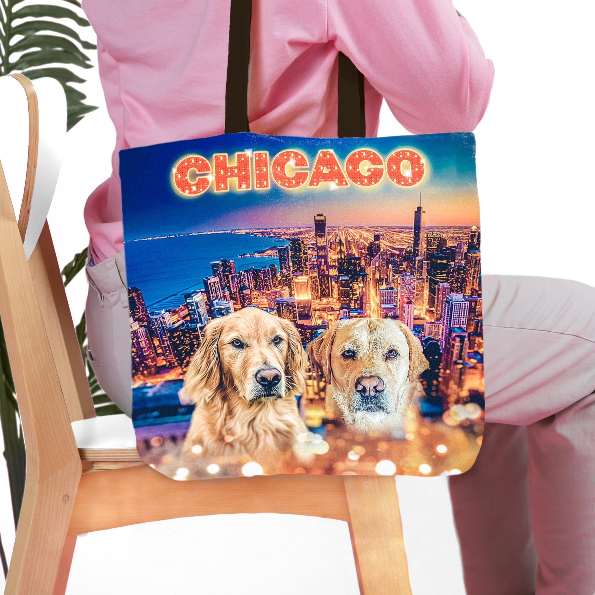 Personalized 2 pet portrait tote bag with Chicago skyline and two golden retrievers.