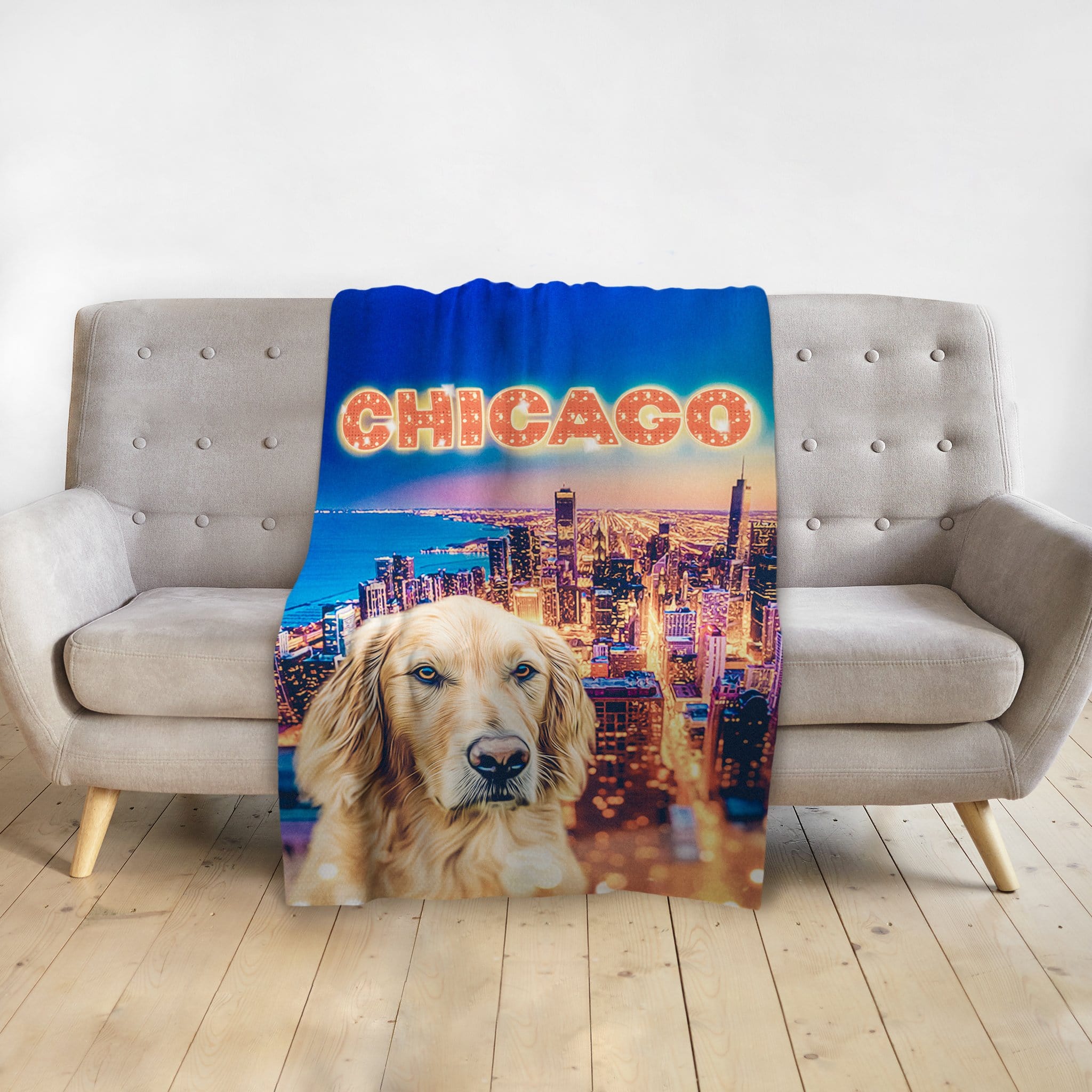 Personalized pet blanket with a golden retriever portrait and Chicago skyline.