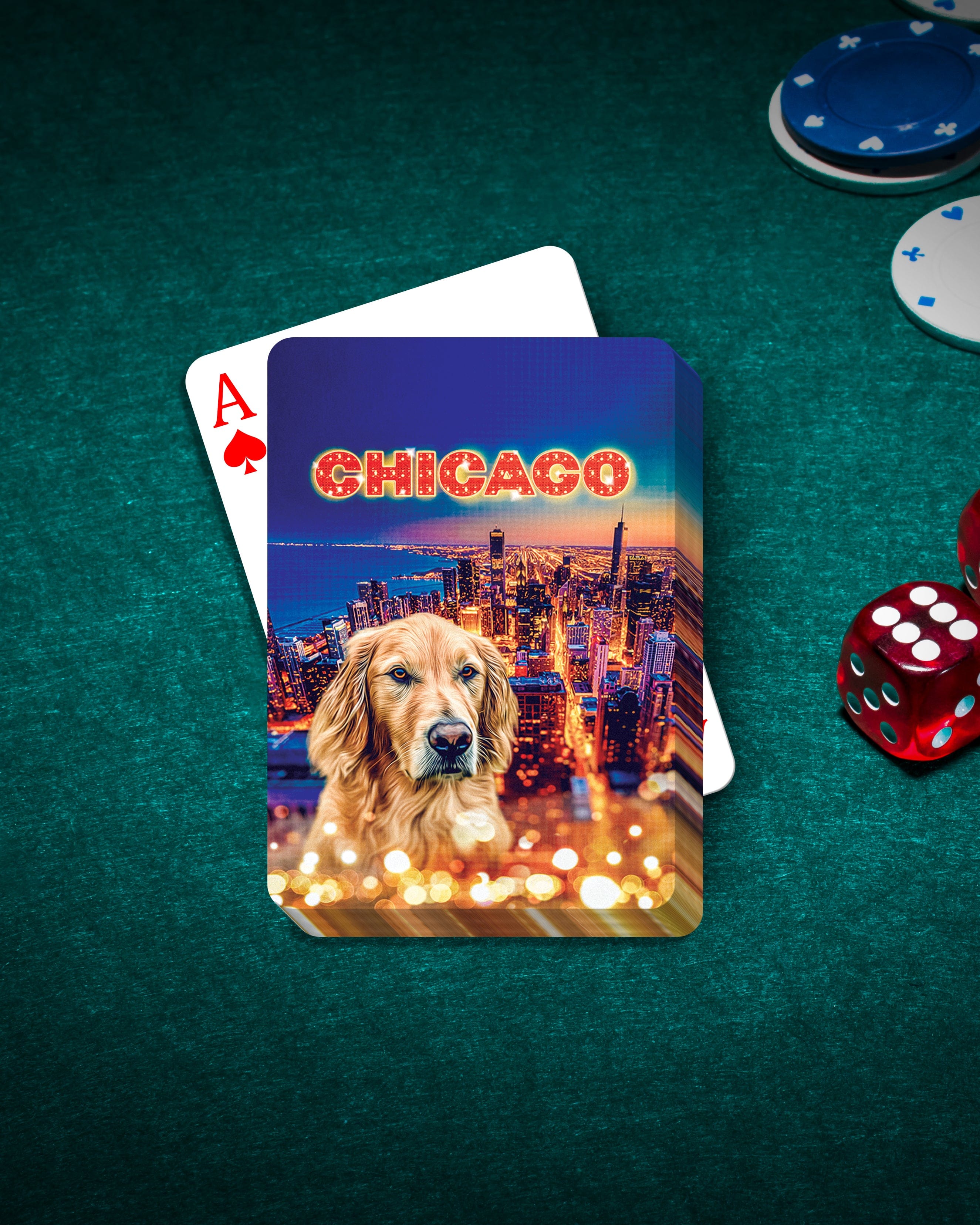 Personalized playing card featuring a golden retriever portrait over a vibrant Chicago skyline.