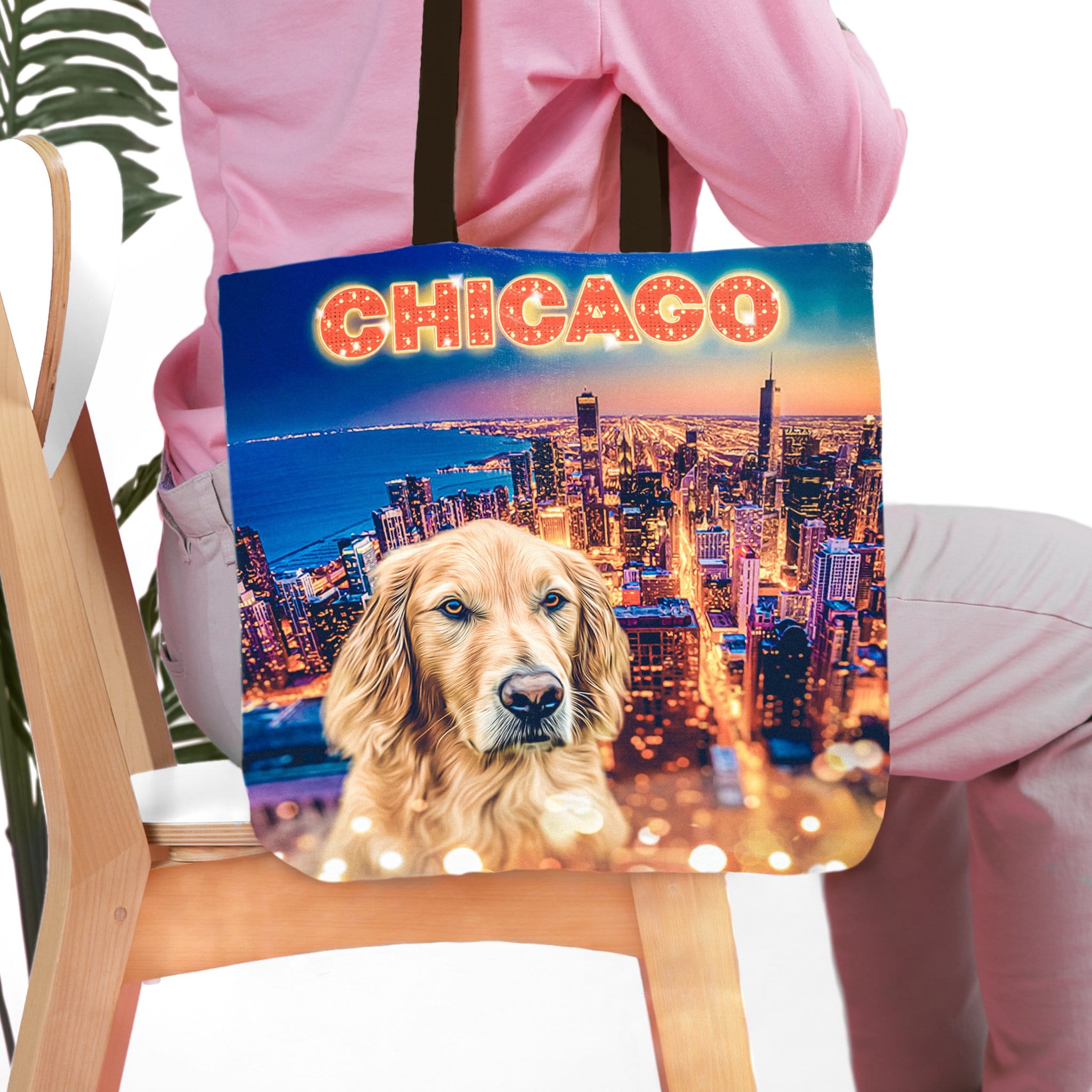 Personalized tote bag with a golden retriever portrait over a Chicago skyline.