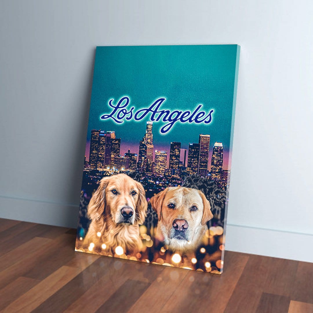 Personalized canvas with two dogs, "Los Angeles" text, and a city skyline at dusk.