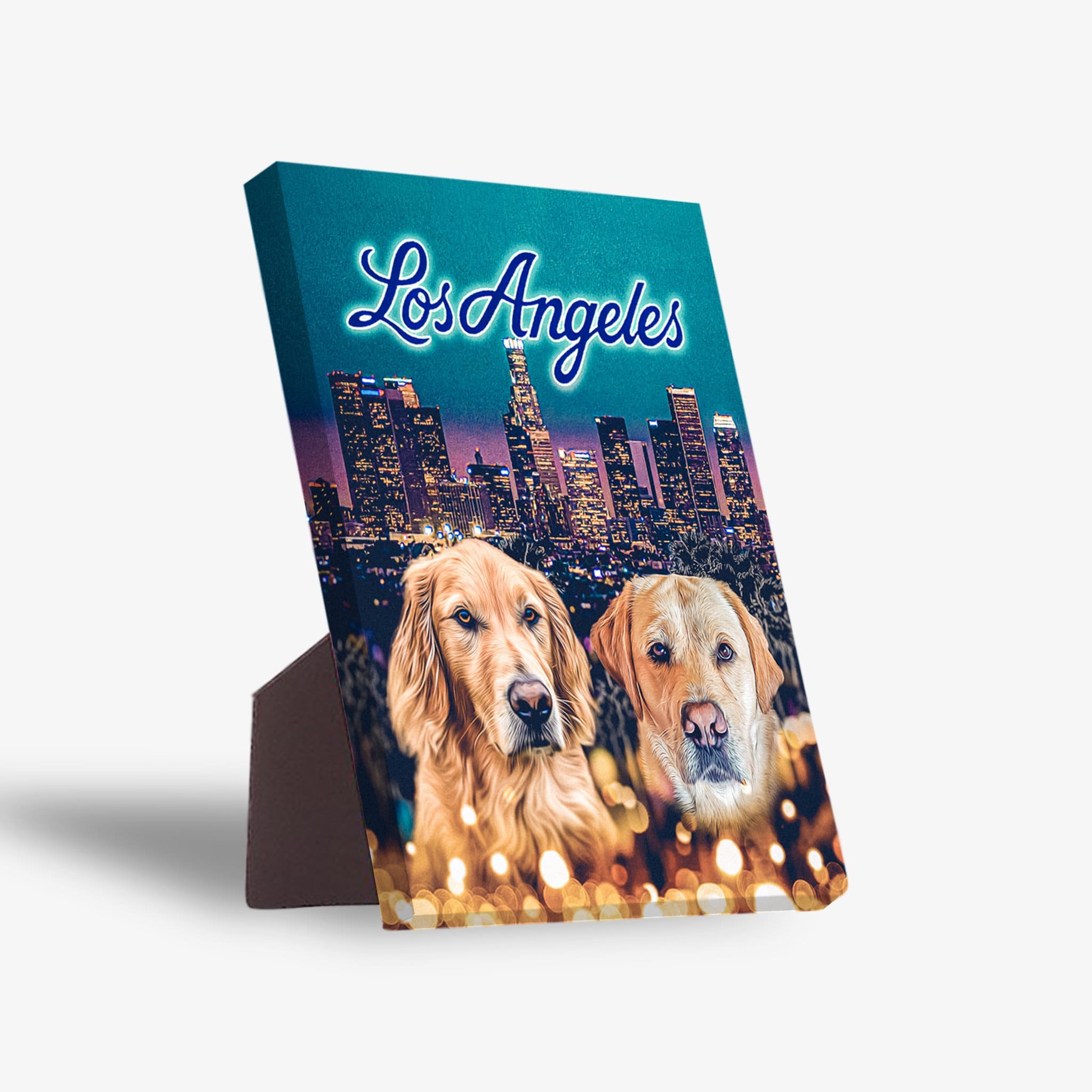 Personalized 'Doggos of Los Angeles' standing canvas featuring two pets over a city skyline.
