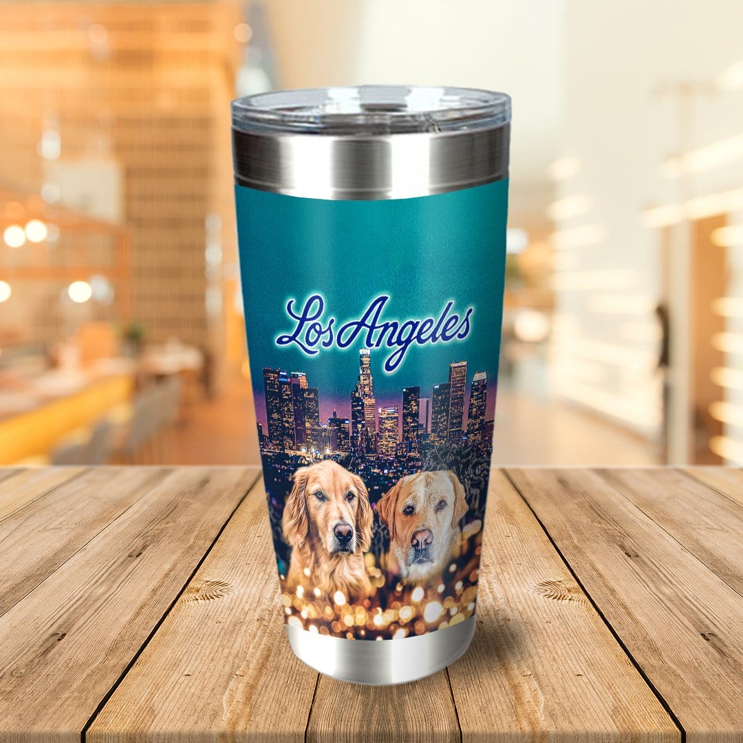Personalized 2-pet tumbler with custom dog portraits, Los Angeles skyline, and teal background.