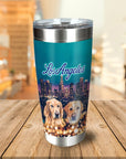 Personalized 2-pet tumbler with custom dog portraits, Los Angeles skyline, and teal background.